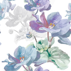Light violet flowers wirn leaves watercolor on white background seamless pattern for all prints.