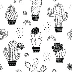 Vector black white seamless cactuses pattern with rainbow on white background, hand drawn sketch with cactuses in flowerpots.  Mexican cactus print. 