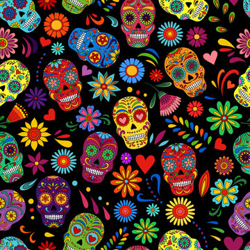 Day of the dead sugar skull pattern. Dia de los muertos print. Day of the dead and  mexican Halloween. Mexican tradition  festival texture. Dia de los Muertos tattoo skulls on black background.
