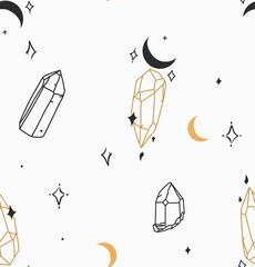 Hand drawn vector abstract stock flat graphic illustration seamless pattern with bohemian magic line art of crystal stone,moon and stars in simple style for branding,isolated on white background.
