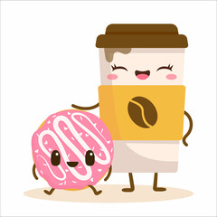 Cute cartoon happy coffee cup and donut with face. Flat vector illustration isolated on white. Can be used for coffee shop posters, menu, print, postcard. Funny food character. Sweet summer desserts