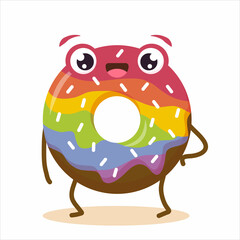 Cute cartoon happy donut with face. Flat vector illustration isolated on white background. Can be used for coffee shop posters, menu, print or postcard. Funny food character. Sweet summer desserts.