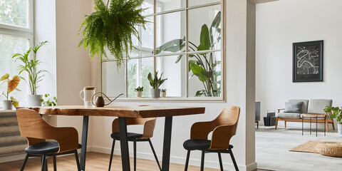 Stylish and botany interior of dining room with design craft wooden table, chairs, furniture, a lof of plants, window, poster map and elegant accessories in modern home decor. Template.