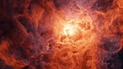 Piercing bright orange dwarf star glowing supernova and interstellar cloud nebulae time lapse. Spiritual and soul reviving wallpaper background. 