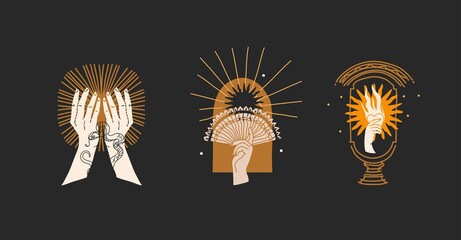 Hand drawn vector abstract stock flat graphic illustration with logo element,bohemian magic art of gold sun,woman hand silhouettes and stars in simple style for branding,isolated on color background.