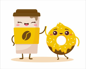Cute cartoon happy coffee cup and donut with face. Flat vector illustration isolated on white. Can be used for coffee shop posters, menu, print, postcard. Funny food character. Sweet summer desserts