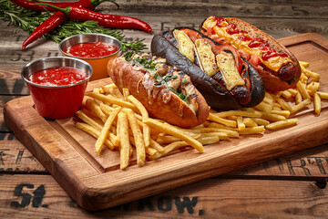 Hot dogs with french fries and sauces on wooden board