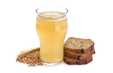 Glass of fresh kvass on white background
