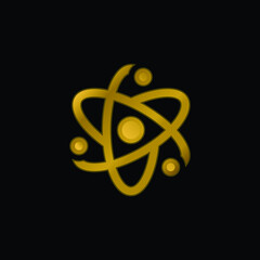 Atom gold plated metalic icon or logo vector