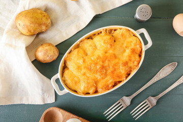 Baking dish with tasty potato casserole on color wooden background
