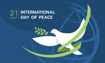 International day of peace - The white peace dove flying with green ribbon roll around on blue line globle texture background vector Design - Powered by Adobe