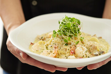 Creamy Seafood Pasta with Shrimp on a Plate