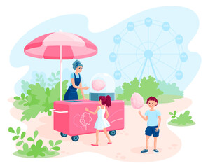 Children in the park buy cotton candy from a saleswoman with a mobile cart. Cartoon vector illustration isolated on white background