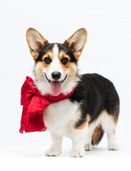 welsh corgi pembroke dog in a red bow on a white background