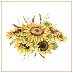 Bright watercolor bouquet with sunflowers and wilted plants. Herbarium isolated on white background. Hand painted illustration for designing greeting cards, wedding invitation, birthday card
