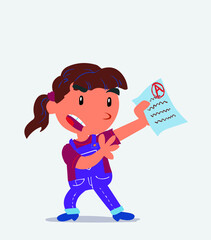 cartoon character of little girl on jeans arguing effusively with exam in hand.