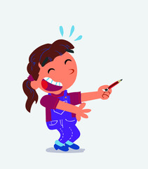 cartoon character of little girl on jeans laughs while pointing to the side with a pencil.