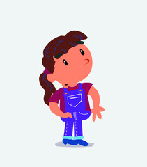 cartoon character of little girl on jeans looks with doubt and somewhat surprised.