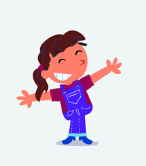 cartoon character of little girl on jeans opening arms very happy.