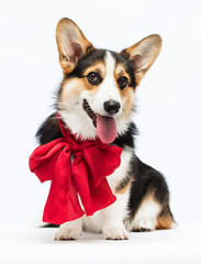 cute welsh corgi pembroke dog in a red bow on a white background
