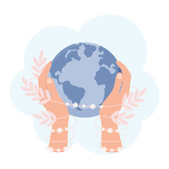 Two hands holding an Earth planet. An abstract leafy sprout entwines the arms. Save the planet concept. Mother Earth Day concept.