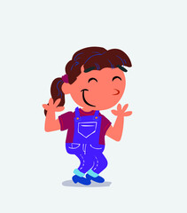 cartoon character of little girl on jeans shrinks somewhat shy.