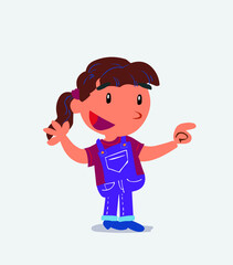 cartoon character of little girl on jeans smiling while pointing.