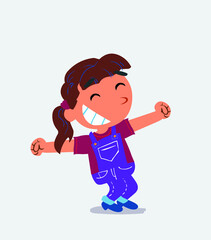 Euphoric little girl on jeans in funny cartoon character.