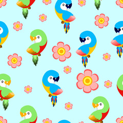 Seamless pattern with ara parrots and pink flowers. Blue, yellow, green, pink, red. Blue background. Cartoon style. Cute and funny. For kids post cards, stationery, wallpaper, textile, wrapping paper
