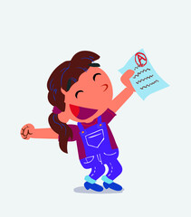euphoric cartoon character of little girl on jeans raises his arms with exam in hand.