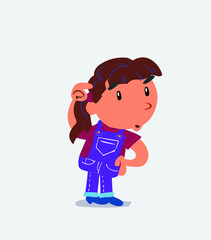 funny cartoon character of little girl on jeans doubting.