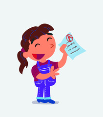 happy cartoon character of little girl on jeans explaining something with exam in hand.