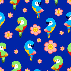 Seamless pattern with ara parrots and pink flowers. Blue, yellow, green, pink, red. Blue background. Cartoon style. Cute and funny. For kids post cards, stationery, wallpaper, textile, wrapping paper