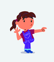 Surprised cartoon character of little girl on jeans points to something to his side.