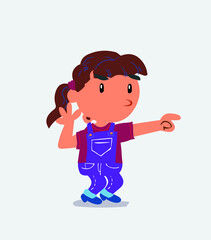 Surprised cartoon character of little girl on jeans points to something.