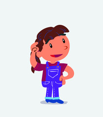 Thoughtful cartoon character of little girl on jeans scratching his head.
