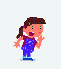 Unpleasantly surprised cartoon character of little girl on jeans looks to the side.