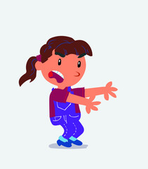Very angry cartoon character of little girl on jeans pointing at something at side.
