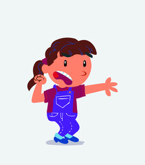 Very angry cartoon character of little girl on jeans pointing something.
