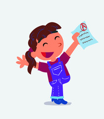 very happy cartoon character of little girl on jeans with a exam in hand.