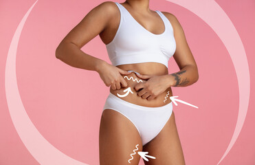 Female body, belly with drawing arrows. Fat lose, liposuction and cellulite removal concept. Good...