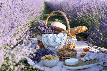 Wicker basket with tasty food for romantic picnic in lavender field