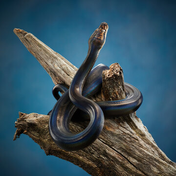 Reticulated Python (Python reticulatus) on blue background on a wooden branch. rainbow snake shimmers in different colors