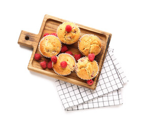 Board with tasty raspberry muffins on white background