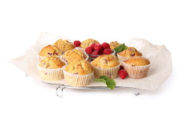 Grid with tasty raspberry muffins on white background