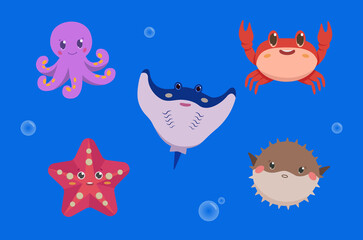 Illustrations of sea animals. Cartoon octopus, starfish, stingray, crab, puffer fish. Vector.