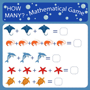 An educational calculating and mathematical game on the theme of the sea for preschool children. Count the number of shrimps, stingrays, starfish and dolphins in the picture and write down the result