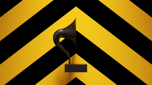 Yellow Black Digital Gramophone Vintage Music Audio Equipment Post-Punk Stereo with Yellow an Black Chevron Background 3d illustration render