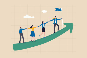 Teamwork cooperate together to achieve target, leadership to build team walking up rising growth arrow, career development concept, businessman leader holding hand with employee walking up arrow graph
