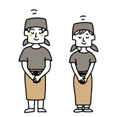お辞儀をしている飲食店店員（男女）